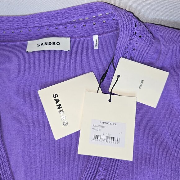 Sandro Ombre Balloon-sleeved V-neck Stretch-knit Mini Dress in Violet, NWT - Picture 6 of 7